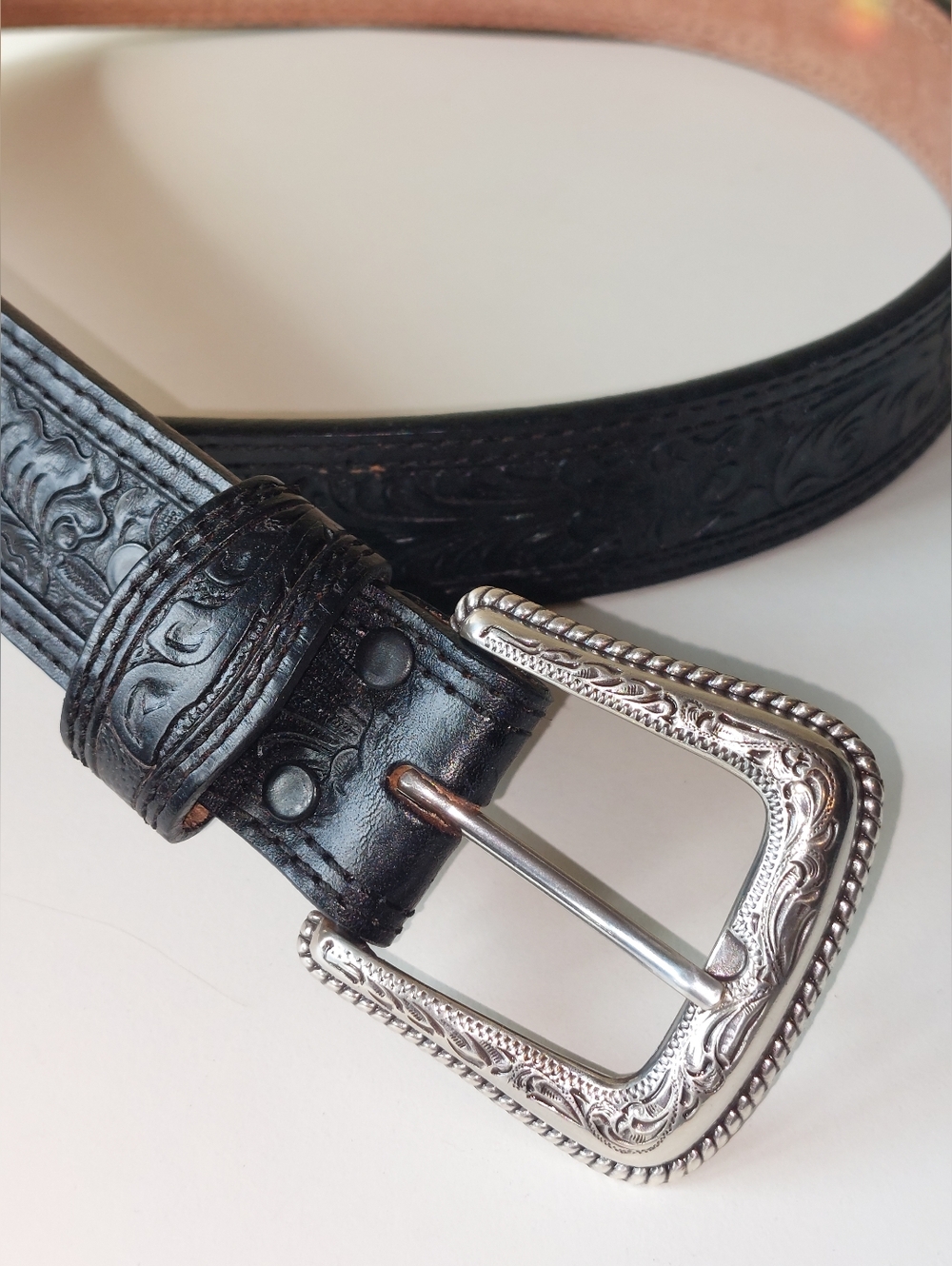Nocona Unisex Tooled Black Leather Western Belt with Silver Buckle